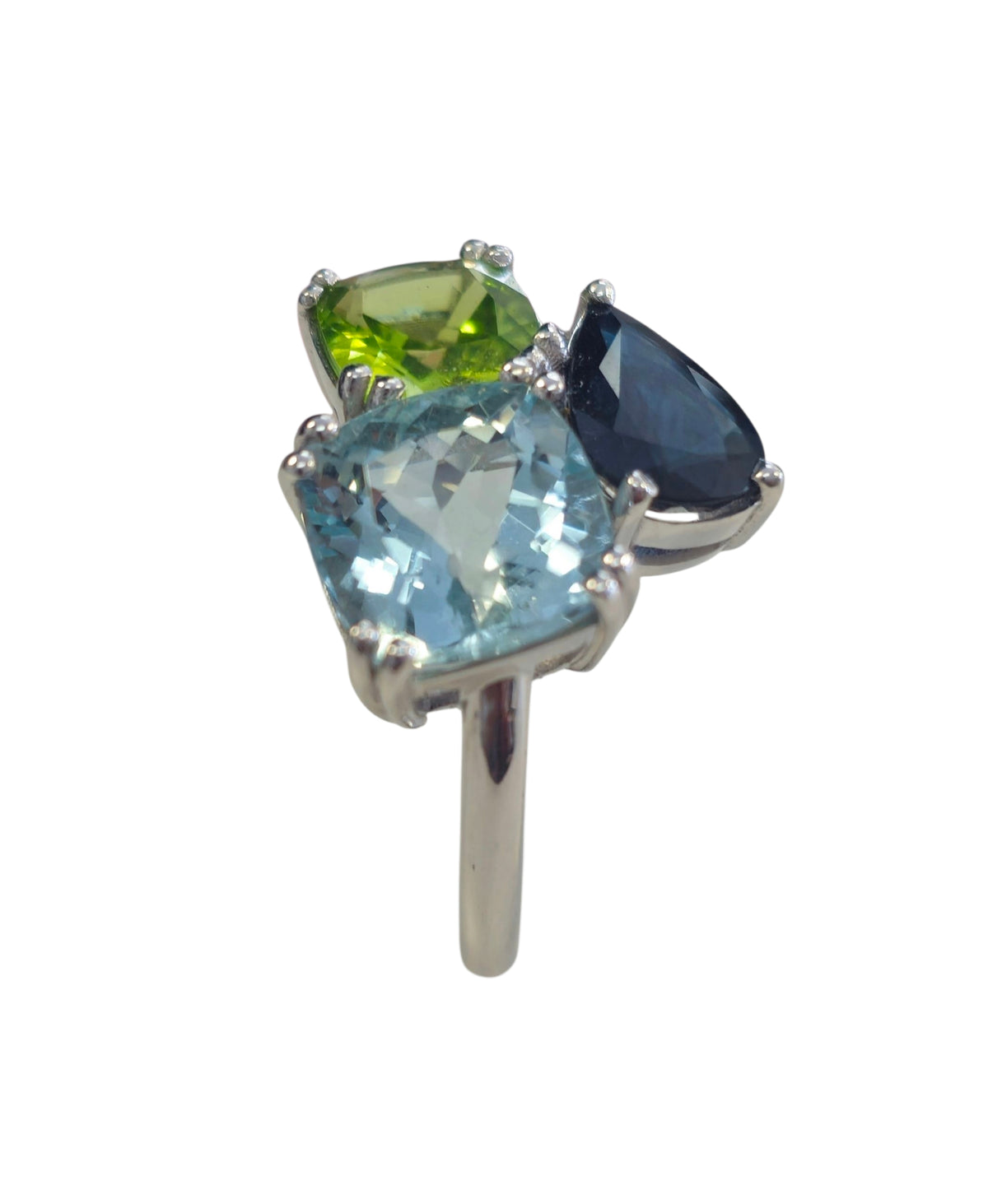 Peridot , Aquamarine, and Sapphire Ring in 18 Karat White Gold