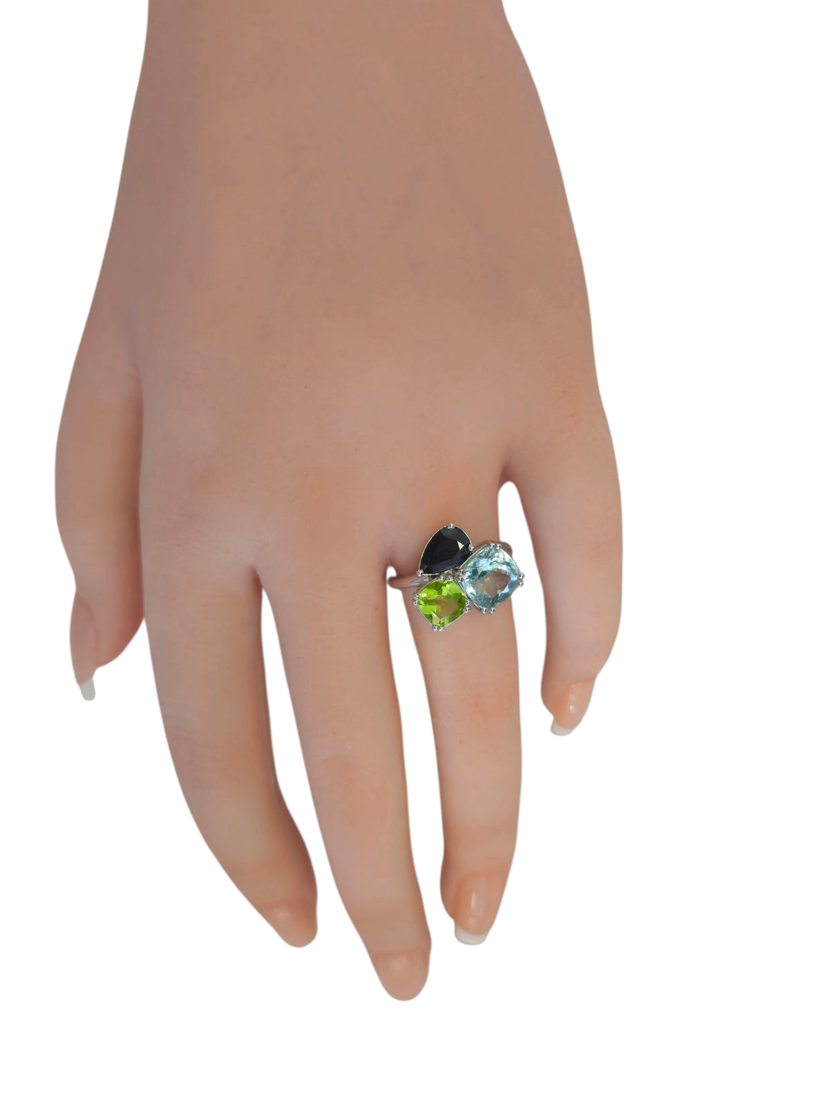 Peridot , Aquamarine, and Sapphire Ring in 18 Karat White Gold