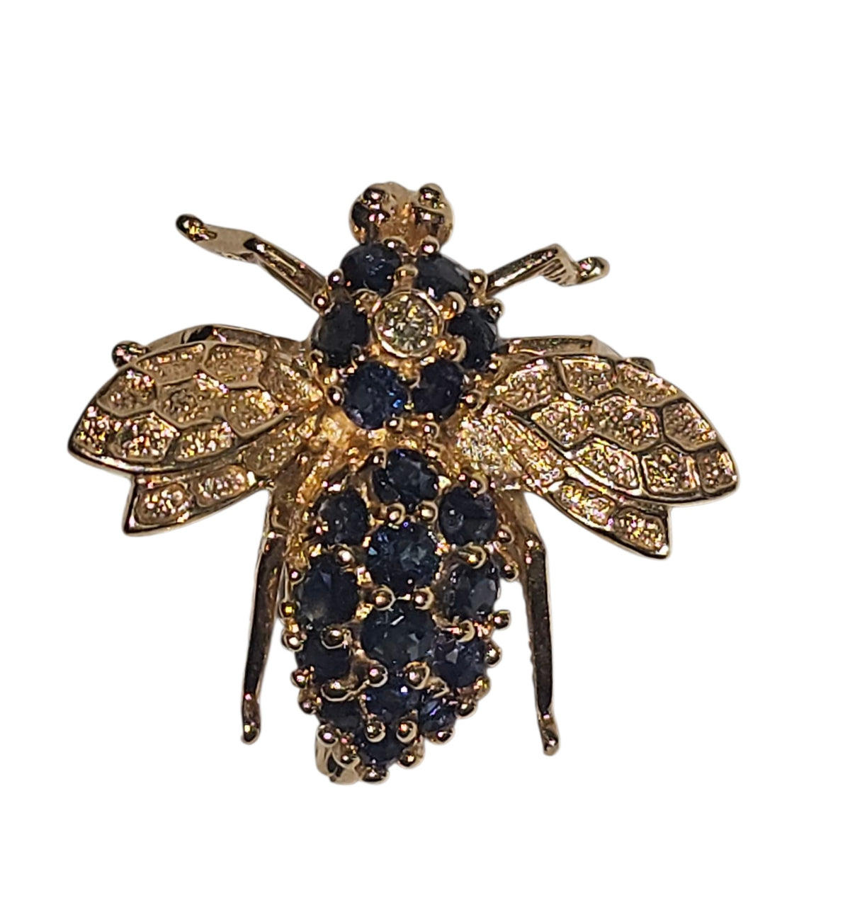 Blue Sapphire Bee Brooch with Diamond in 14 Karat Yellow Gold
