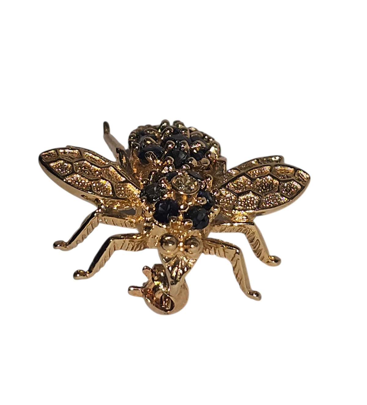 Blue Sapphire Bee Brooch with Diamond in 14 Karat Yellow Gold
