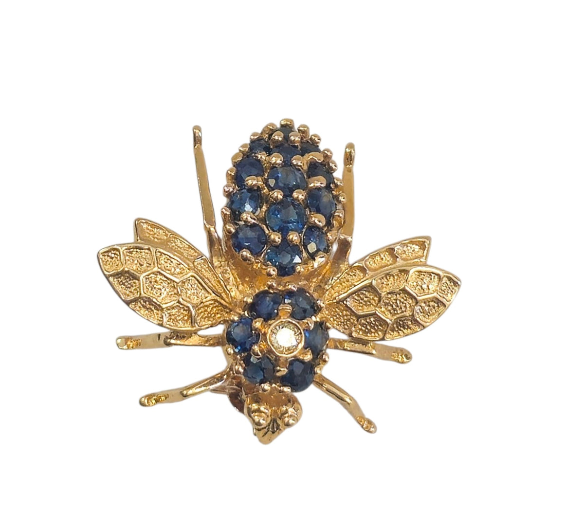 Blue Sapphire Bee Brooch with Diamond in 14 Karat Yellow Gold