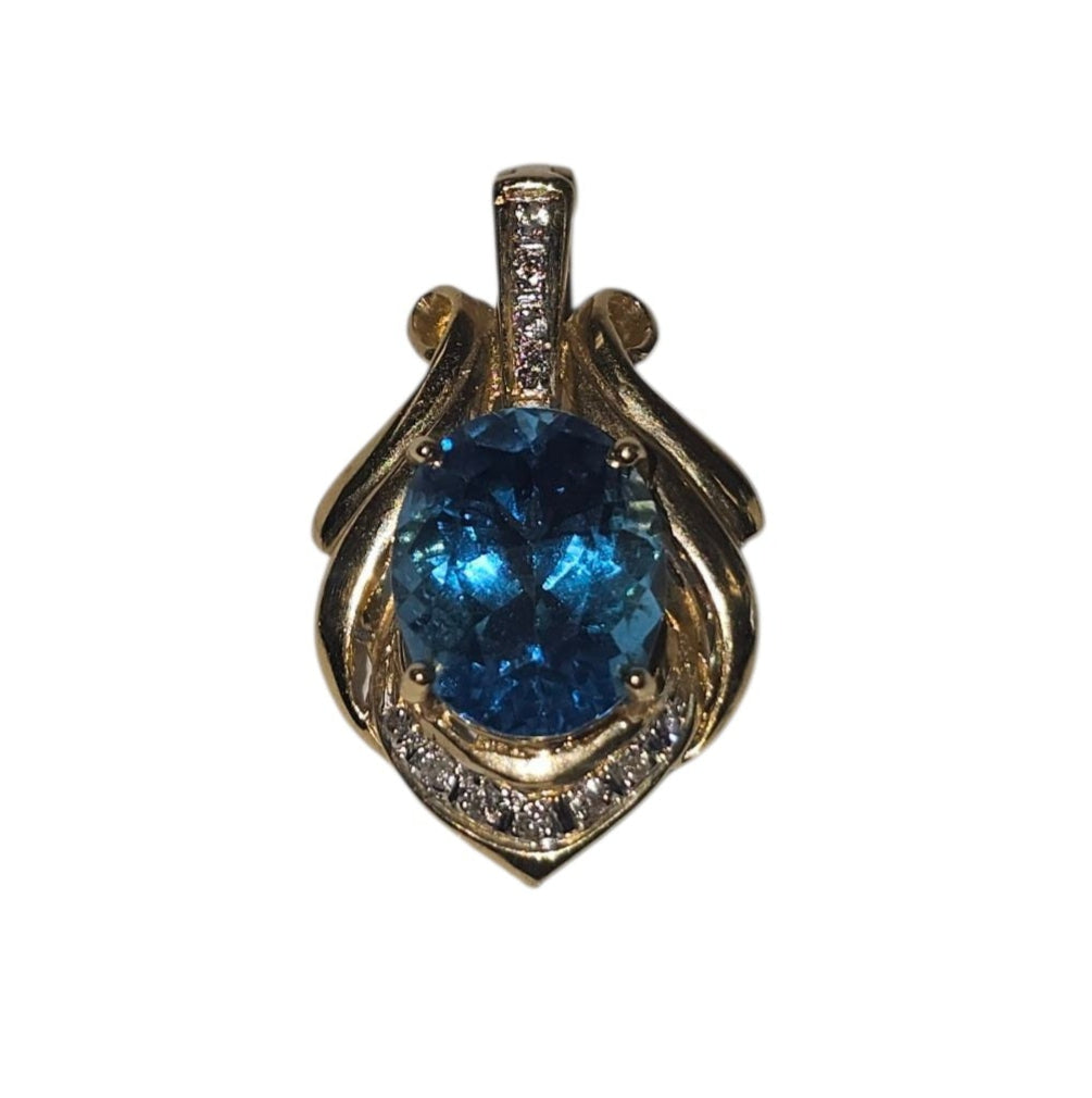 Blue Topaz Necklace Pendant with Diamond in 14 Karat Yellow Gold