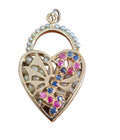 Ruby and Sapphire Pearl Filigree Heart Lock Pendant in 14 Karat Yellow Gold