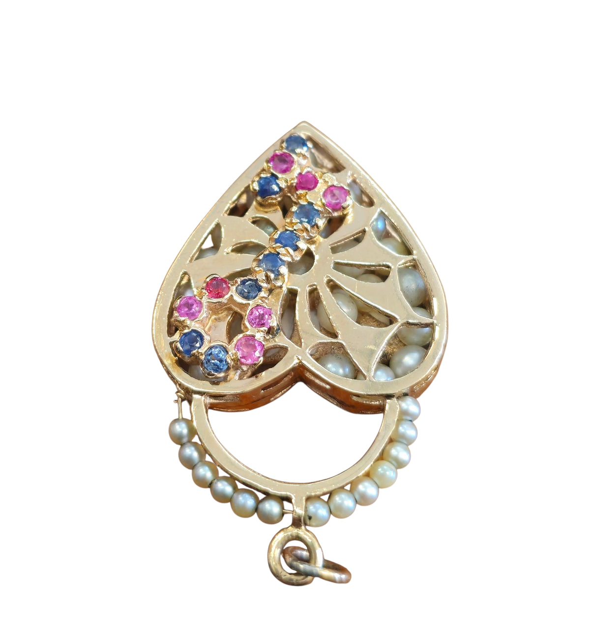 Ruby and Sapphire Pearl Filigree Heart Lock Pendant in 14 Karat Yellow Gold
