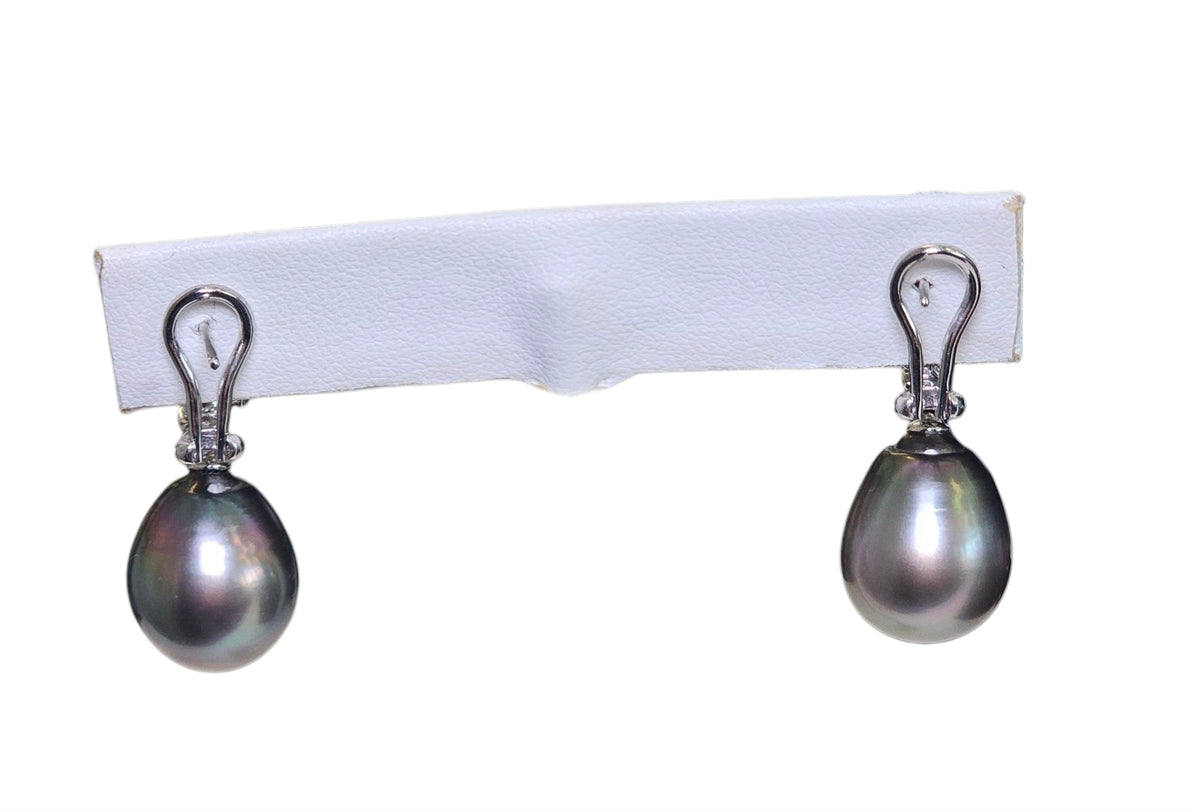 Black Tahitian Pearl Tear Drop Diamond Earrings in 18 Karat White Gold