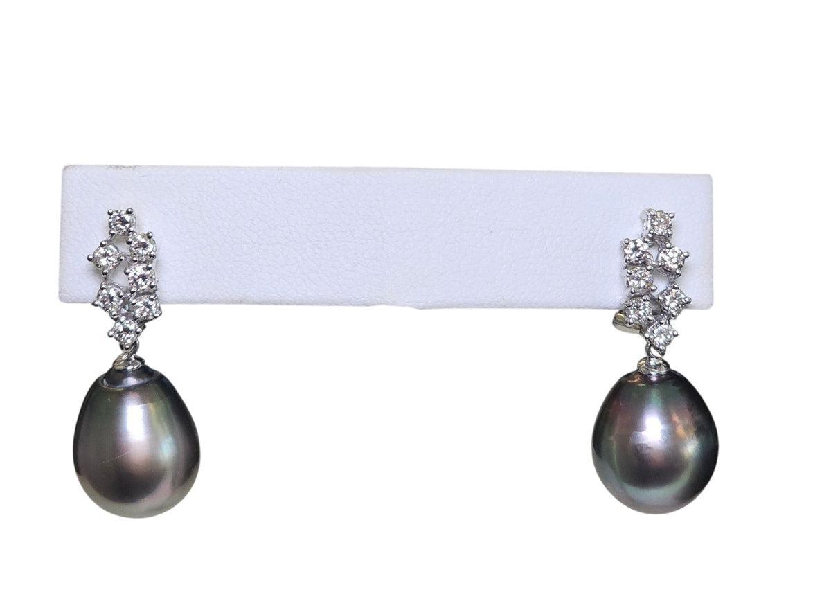Black Tahitian Pearl Tear Drop Diamond Earrings in 18 Karat White Gold