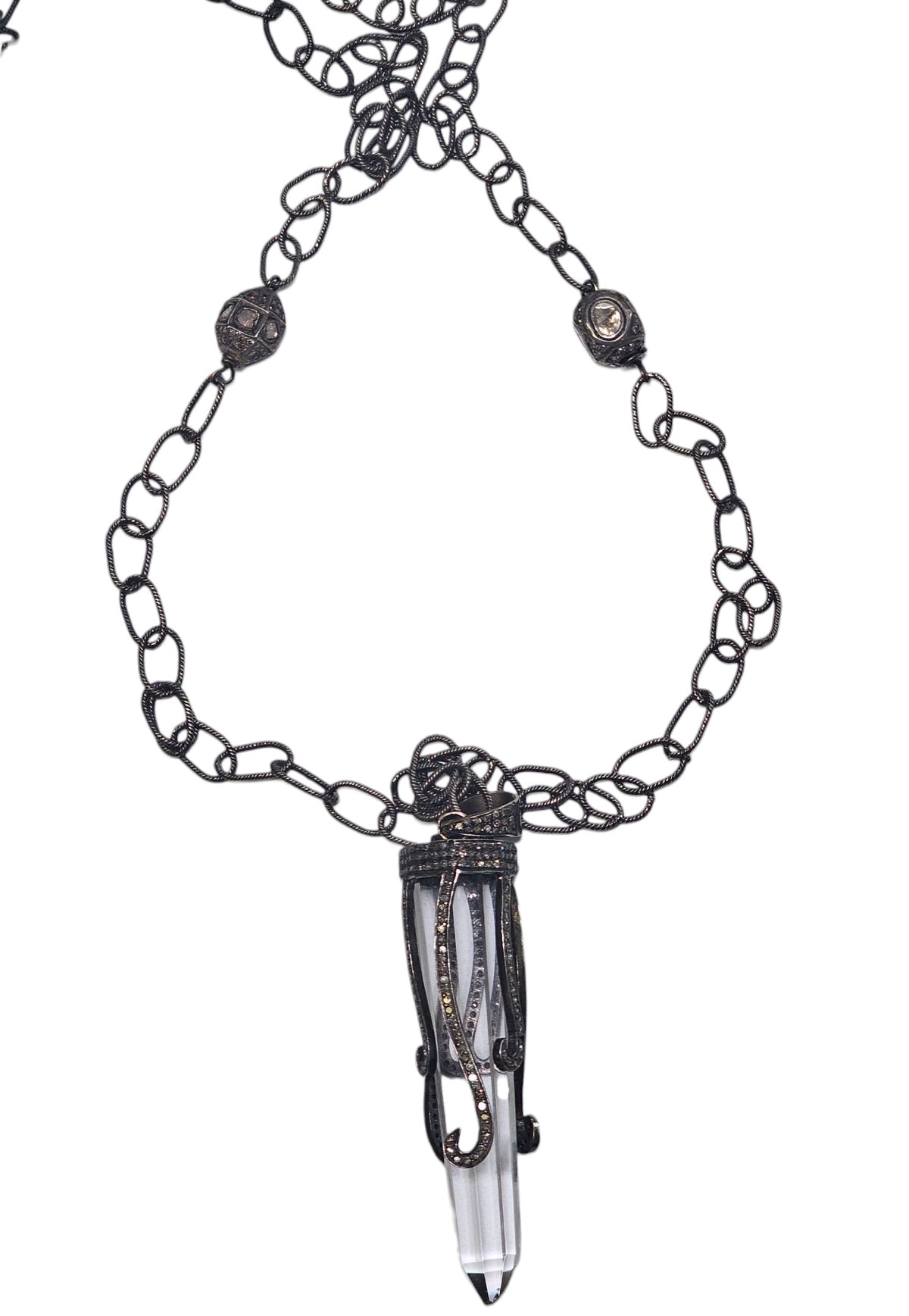 Oxidized Sterling Silver with 14 karat gold bail and Diamond Necklace