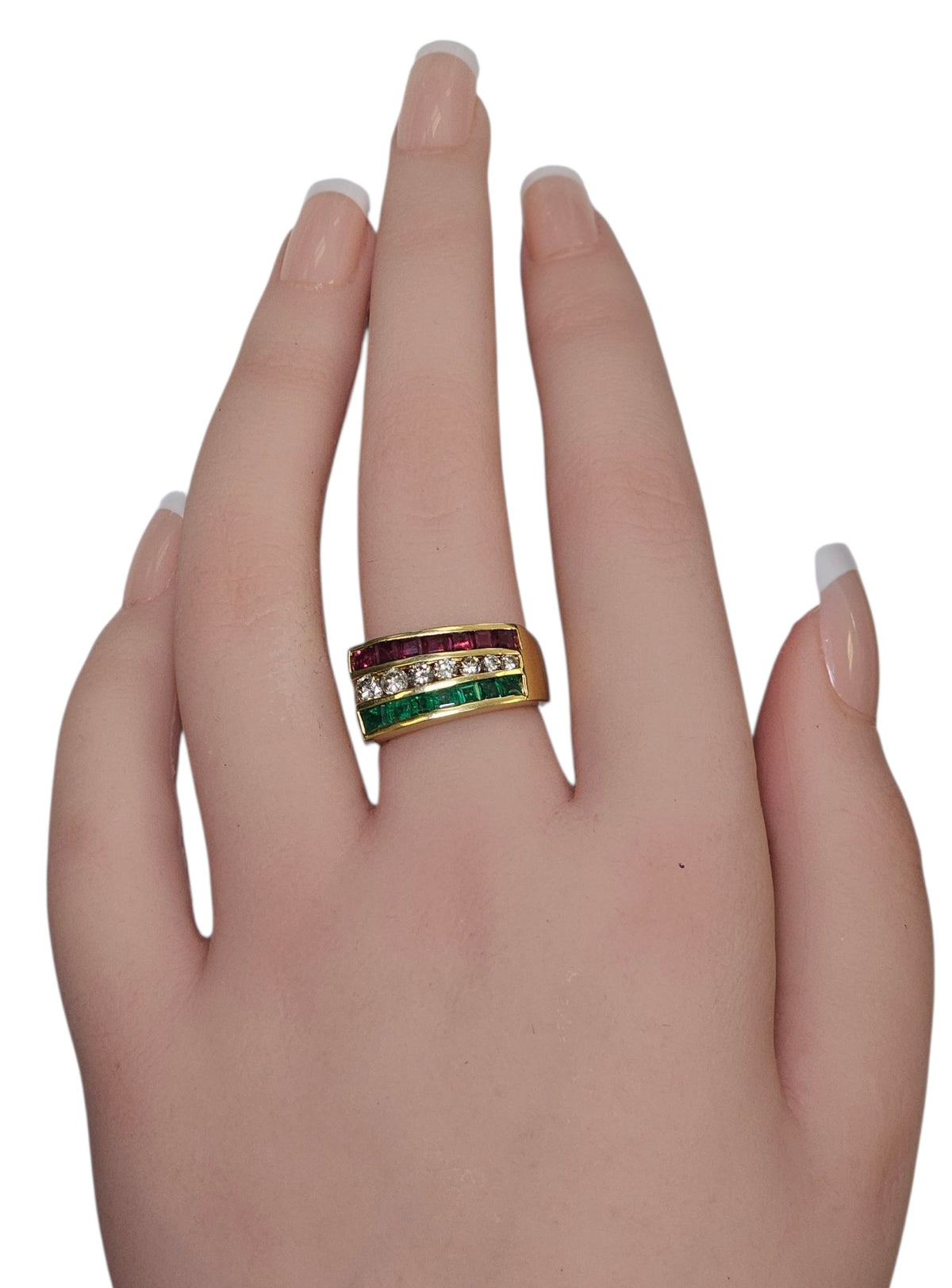 Emerald, Ruby, Diamond Ring in 18 Karat Yellow Gold