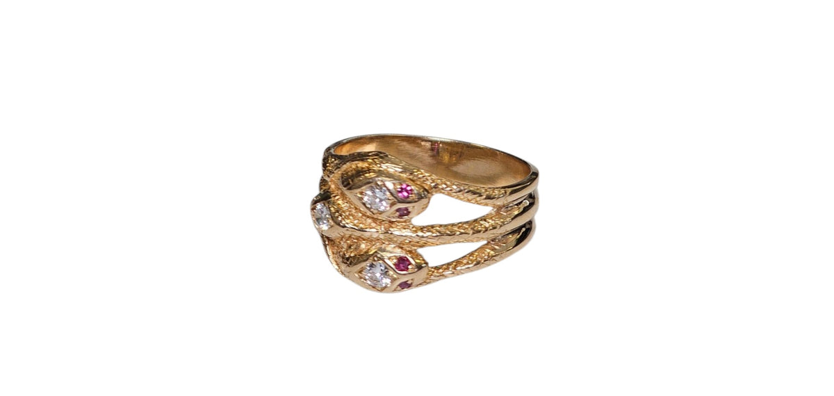 Triple Snake Band with Ruby, Emerald, Diamond Ring with 14 Karat Yellow Gold