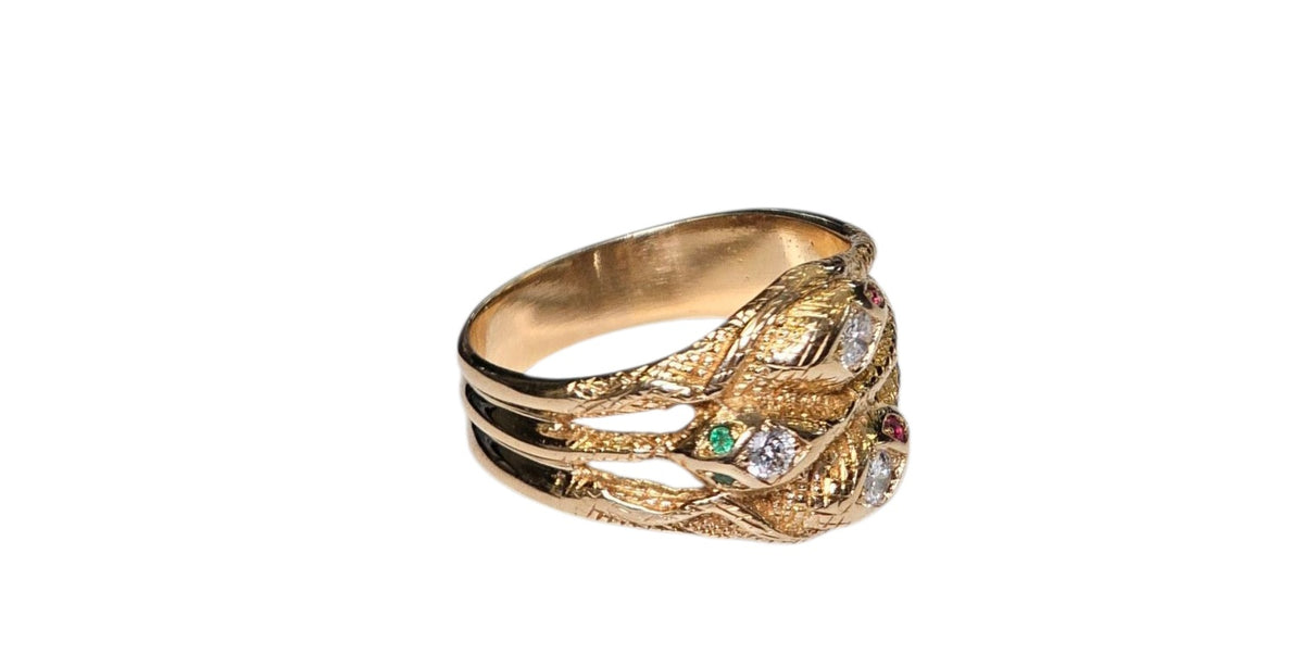 Triple Snake Band with Ruby, Emerald, Diamond Ring with 14 Karat Yellow Gold