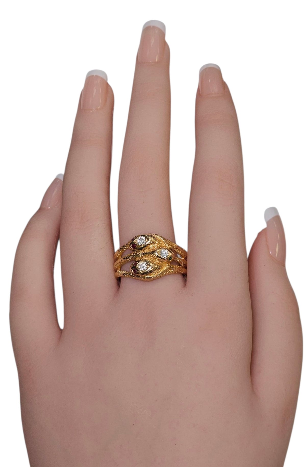 Triple Snake Band with Ruby, Emerald, Diamond Ring with 14 Karat Yellow Gold