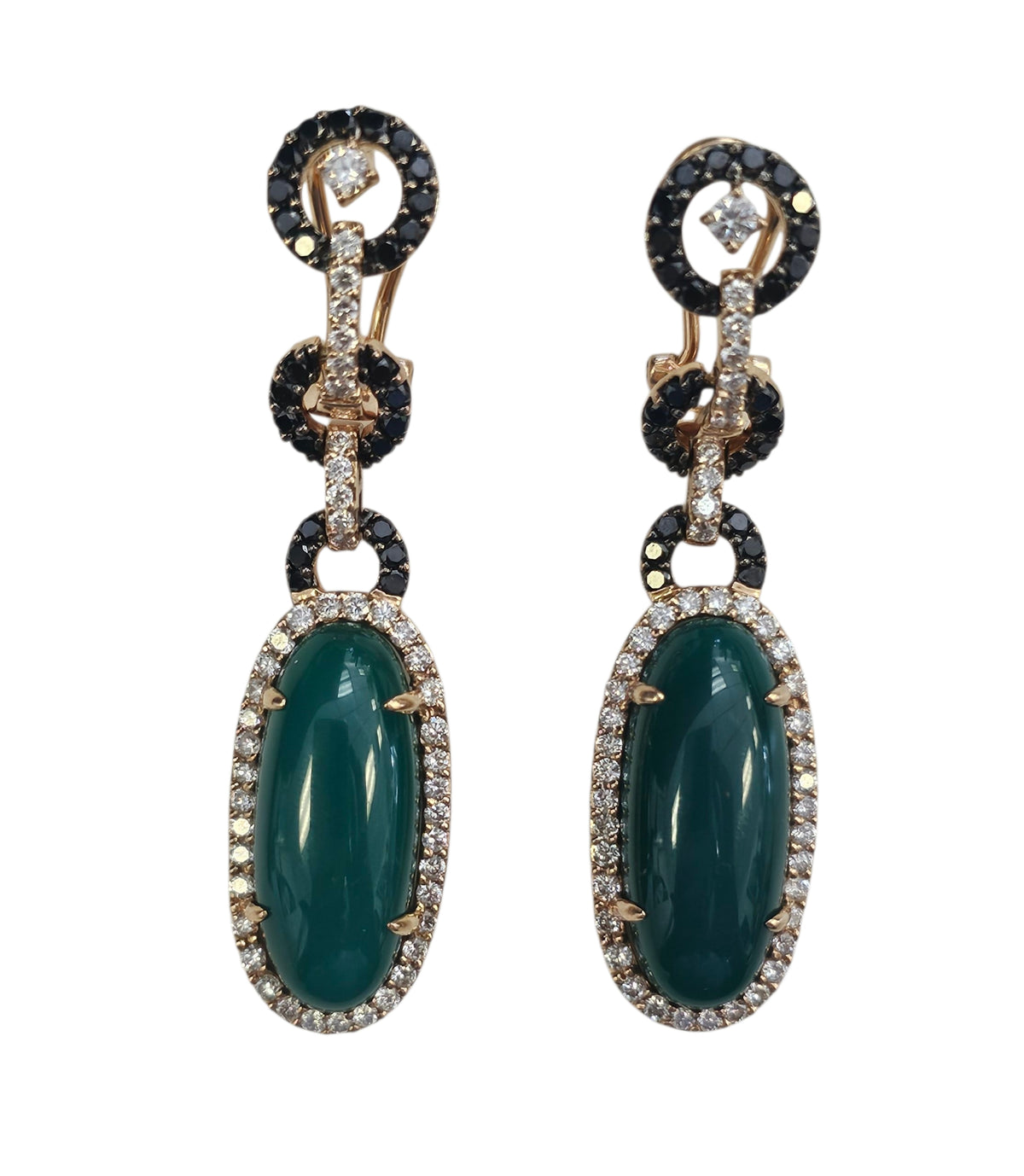 Oval Cabuchon Green Onyx with Black Diamonds Dangling Earrings in 18 Karat Rose Gold