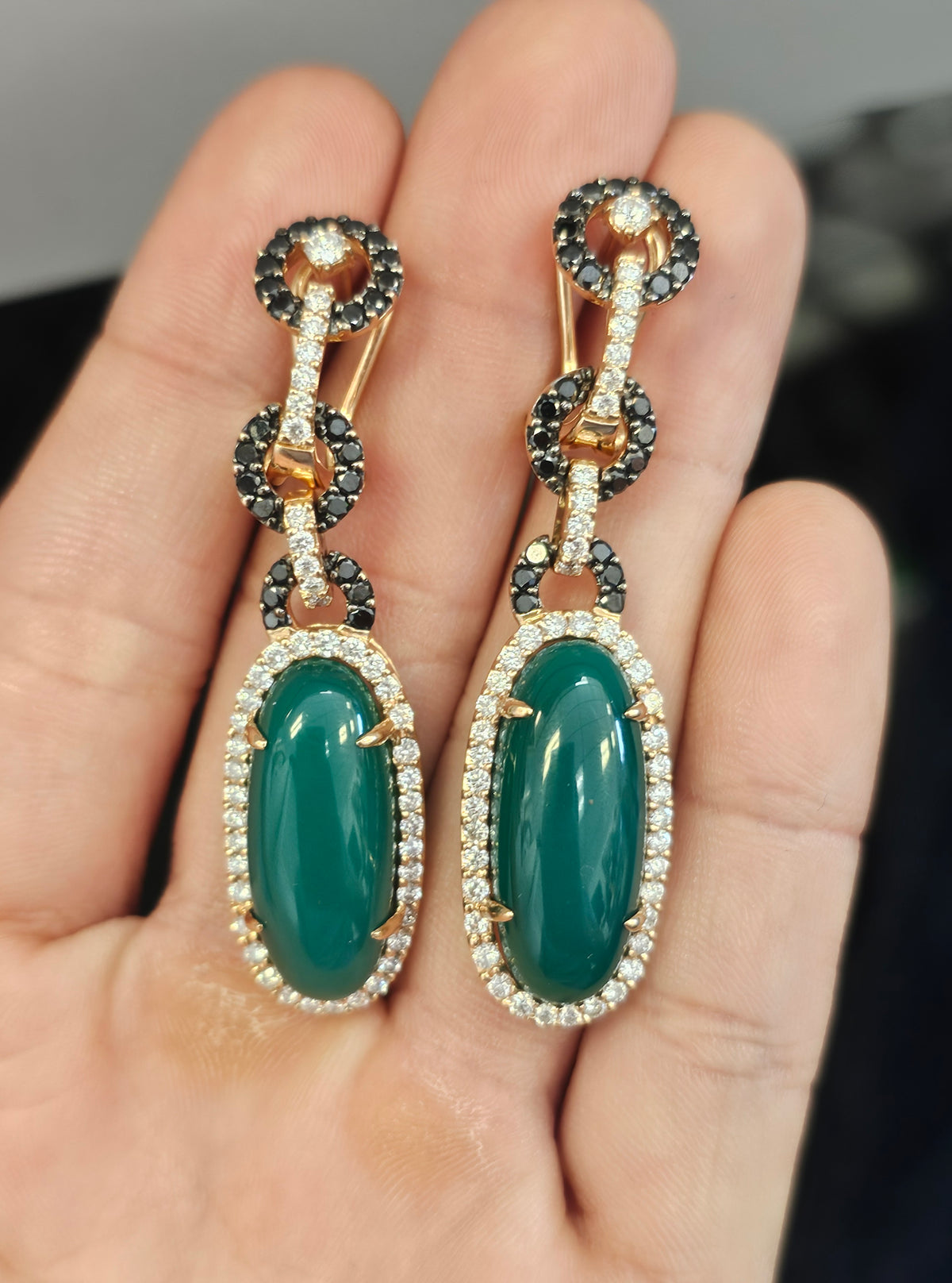 Oval Cabuchon Green Onyx with Black Diamonds Dangling Earrings in 18 Karat Rose Gold