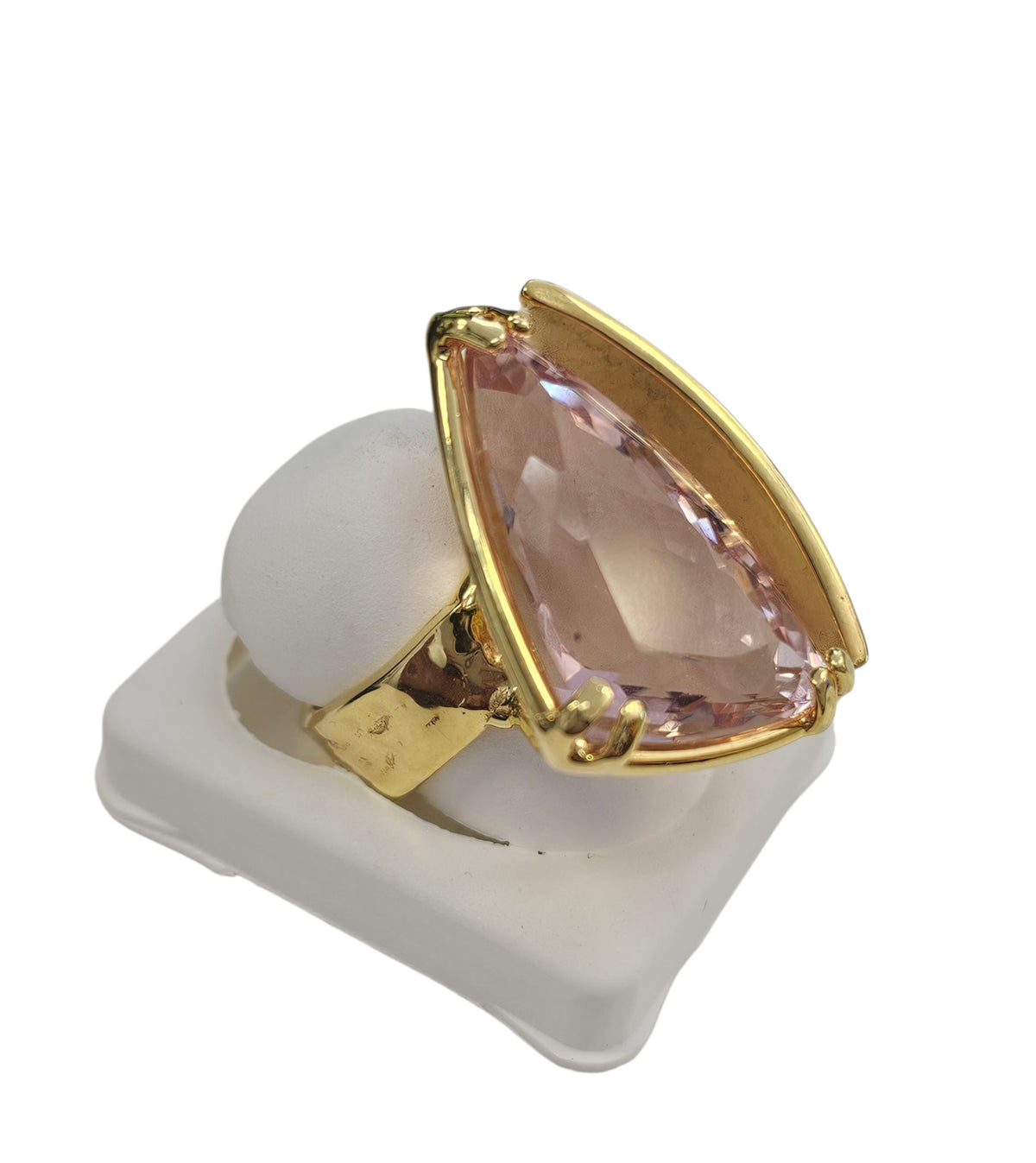 Off Trillion Kunzite Hammer Look Custom Designed Ring in 14 Karat Yellow Gold
