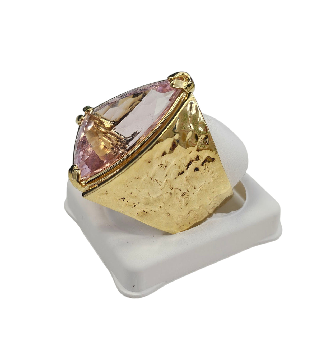 Off Trillion Kunzite Hammer Look Custom Designed Ring in 14 Karat Yellow Gold
