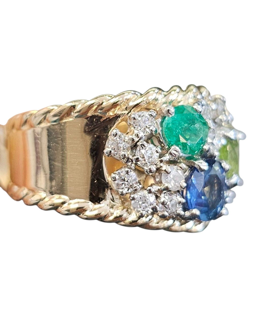 Emerald, Peridot, Blue and Yellow Sapphire Diamond Ring in 18Karat Yellow Gold