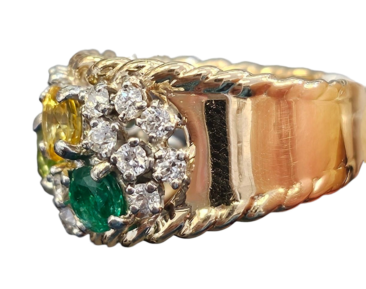 Emerald, Peridot, Blue and Yellow Sapphire Diamond Ring in 18Karat Yellow Gold