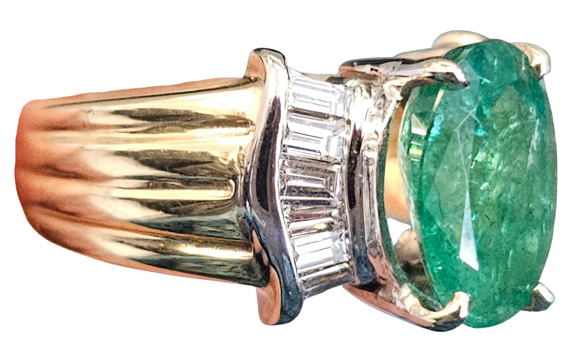 Emerald and Baguette Cut Diamond Ring in 14 Karat Yellow Gold