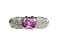 Oval Cut Pink Sapphire Half-Bezel and Pave set Diamond Ring made in 14-Karat White Gold