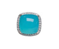 Cushion Cabochon Cut Aqua Chalcedony Ring with Diamond Halo made in 18-Karat White Gold