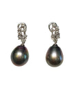 Black Tahitian Pearl Tear Drop Diamond Earrings in 18 Karat White Gold