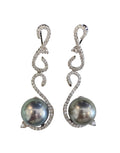 Black Tahitian Pearl with Diamond Dangle Earrings in 14 Karat White Gold
