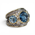 Authentic David Yurman Blue Topaz Renaissance Ring in Sterling Silver and 18 Karat Yellow Gold