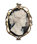 Carved White Portrait with Ornate Frame Antique Cameo Brooch Pendant in 12 Karat Yellow Gold