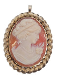 Vintage Shell Cameo Brooch Pendant with a Carved Portrait and Twisted Frame in 14 Karat Yellow Gold