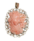 Vintage Carved Coral Cameo Pendant Necklace/Brooch in 14 Karat Yellow Gold