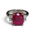 Cushion Cut Lab Grown Red Ruby and Cadillac Cut Lab Grown Side Diamond Ring in 14/18 Karat Yellow and White Gold