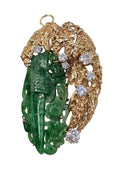 Vintage Carved Jade and Diamond Pendant/Brooch in 14 Karat Yellow Gold