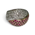 Two Toned Pave Diamonds and Ruby Bypass Cocktail Ring in 14 Karat Gold
