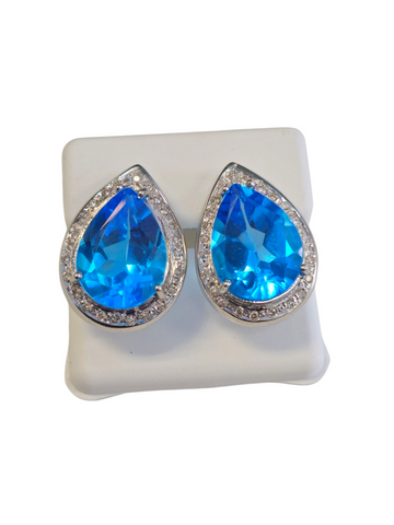 Blue Topaz Pair shape Earrings in 18 Kt White Gold with Diamonds