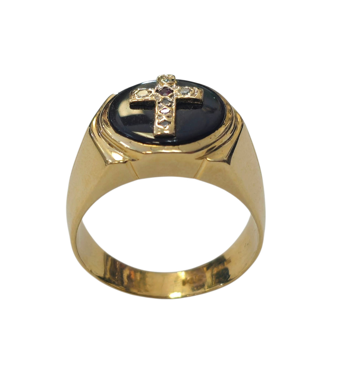 Men's Onyx Cross Ring in 14 Karat Yellow Gold
