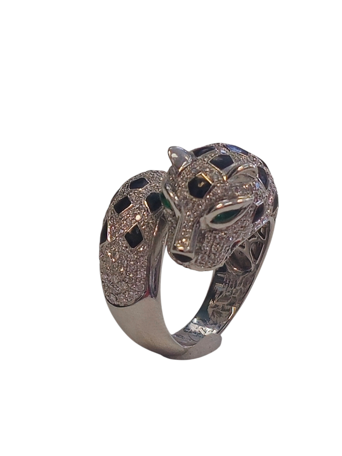 Diamond Panther Ring in 18K white gold. Detailed with Gleaming Emeralds for Eyes and Simulated Enamel