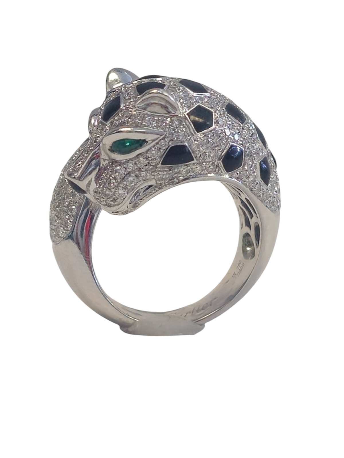 Diamond Panther Ring in 18K white gold. Detailed with Gleaming Emeralds for Eyes and Simulated Enamel