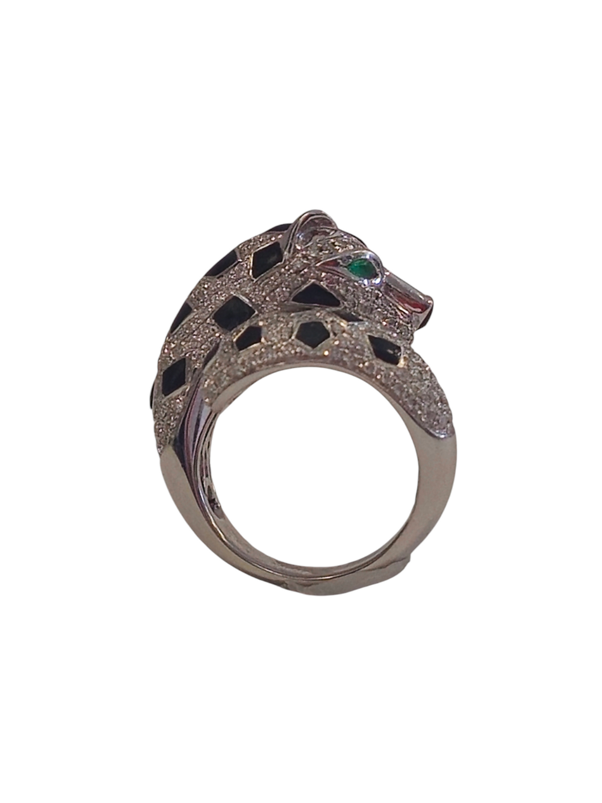 Diamond Panther Ring in 18K white gold. Detailed with Gleaming Emeralds for Eyes and Simulated Enamel