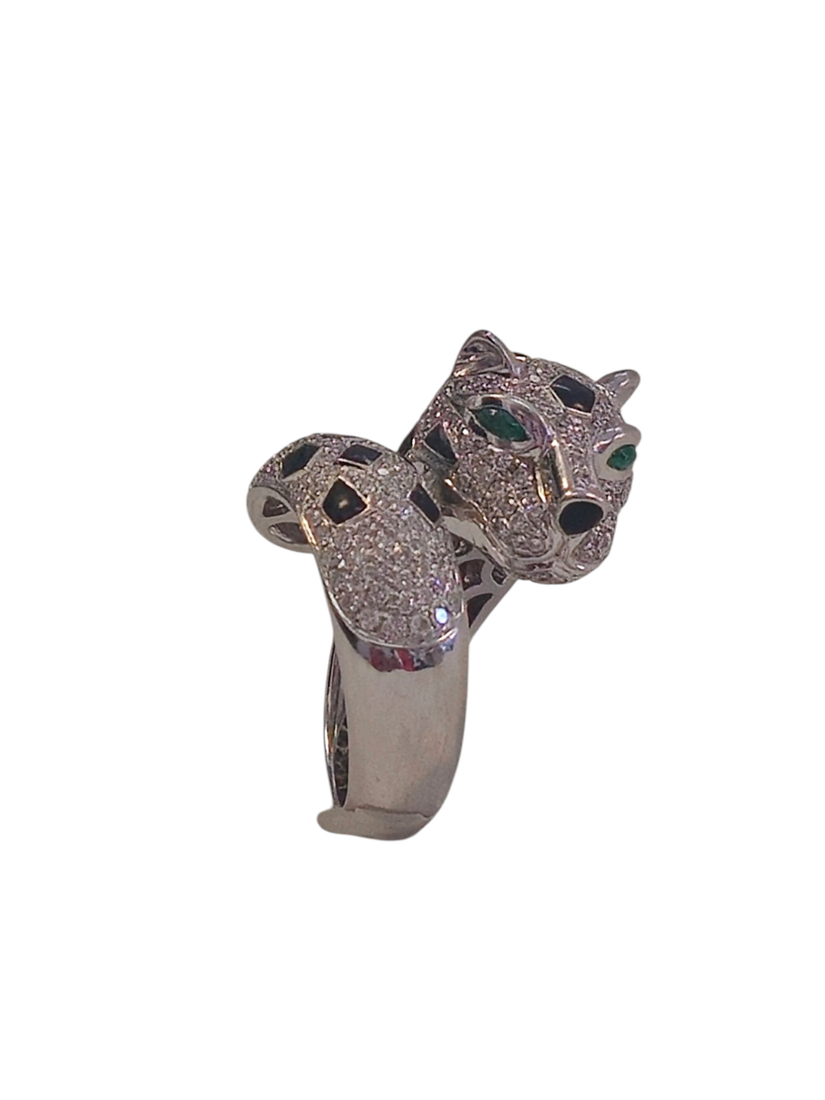 Diamond Panther Ring in 18K white gold. Detailed with Gleaming Emeralds for Eyes and Simulated Enamel