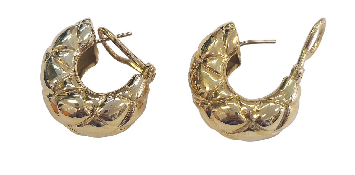 Authentic "Chaumet" fancy pattern French clip Hoop earrings made in 18-karat yellow gold