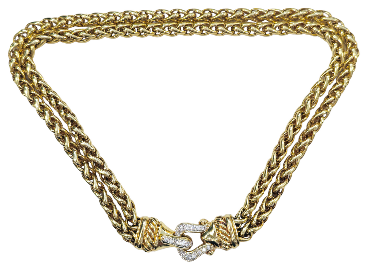 Authentic David Yurman Diamond Buckle double Wheat Necklace made in 18-karat yellow gold