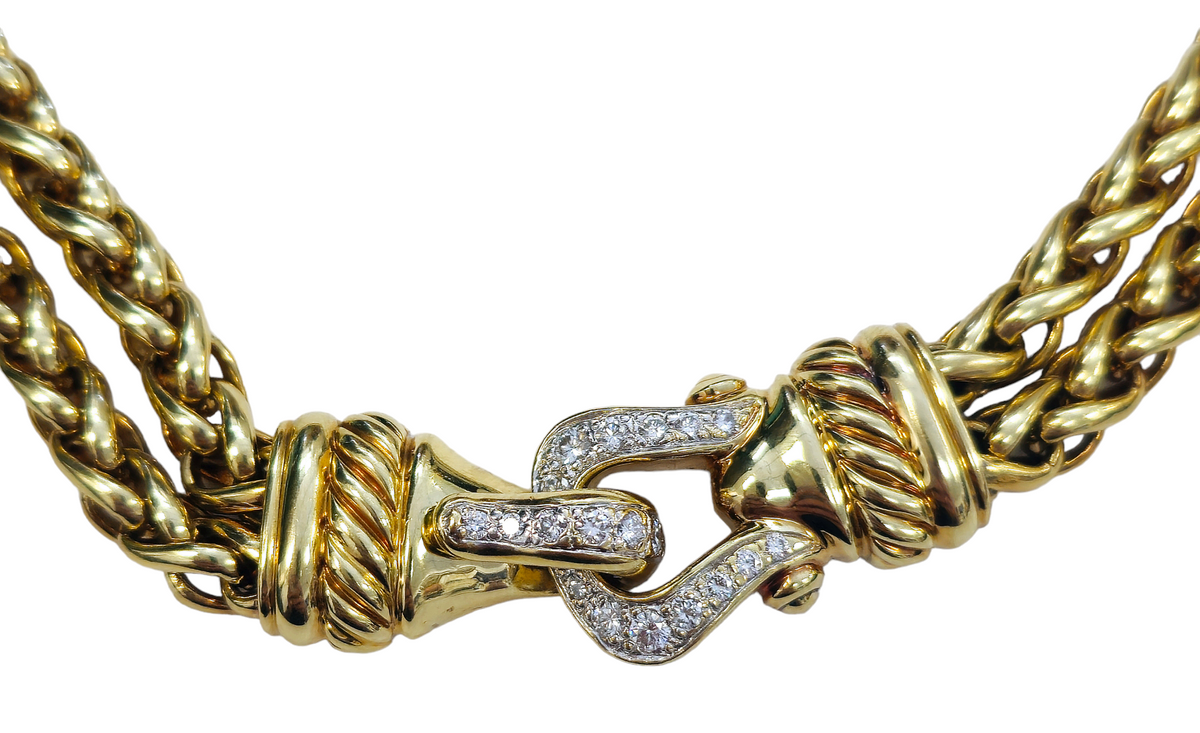 Authentic David Yurman Diamond Buckle double Wheat Necklace made in 18-karat yellow gold
