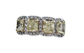 Diamond Ring, 4 Yellow Radiant Cut Diamonds, Total Carats 2.20, surrounded by 47 Round Cut Diamonds, 0.45 Carats Platinum Ring