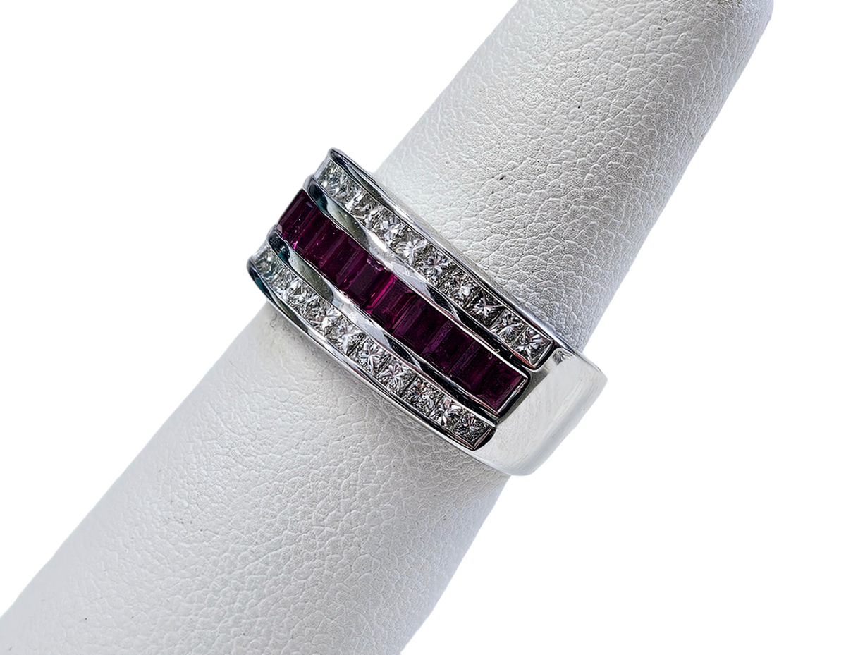 Triple Row Channel Set Princess Cut Diamond and Baguette Cut Ruby Band made in 14-karat White Gold
