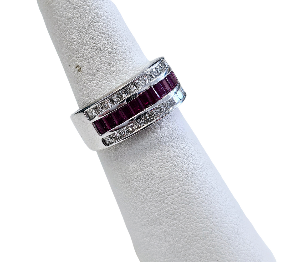 Triple Row Channel Set Princess Cut Diamond and Baguette Cut Ruby Band made in 14-karat White Gold