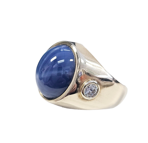 Lab Created Blue Star Sapphire and Bezel Set Diamond Ring made in 14-Karat Yellow Gold