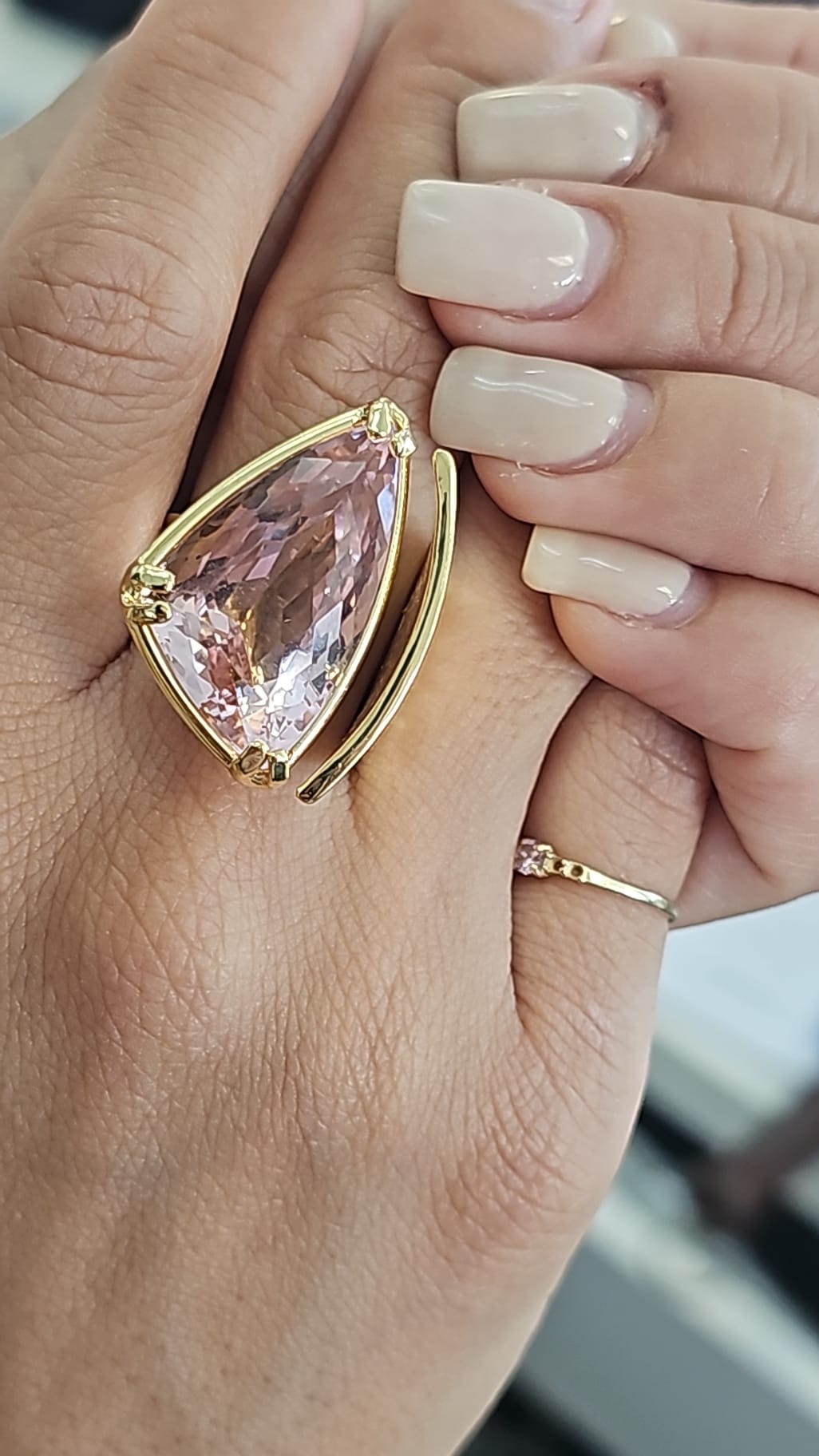 Off Trillion Kunzite Hammer Look Custom Designed Ring in 14 Karat Yellow Gold