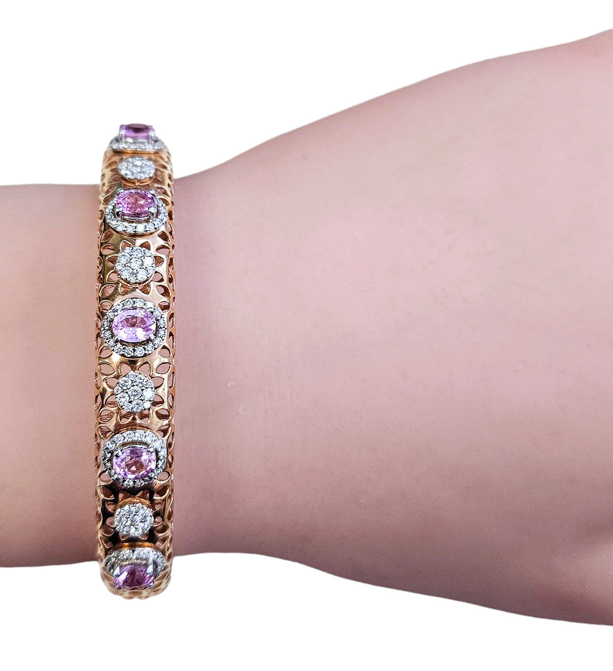 Pink Sapphire and Diamond Negative Space Style Bangle Bracelet made in 18-Karat Rose Gold