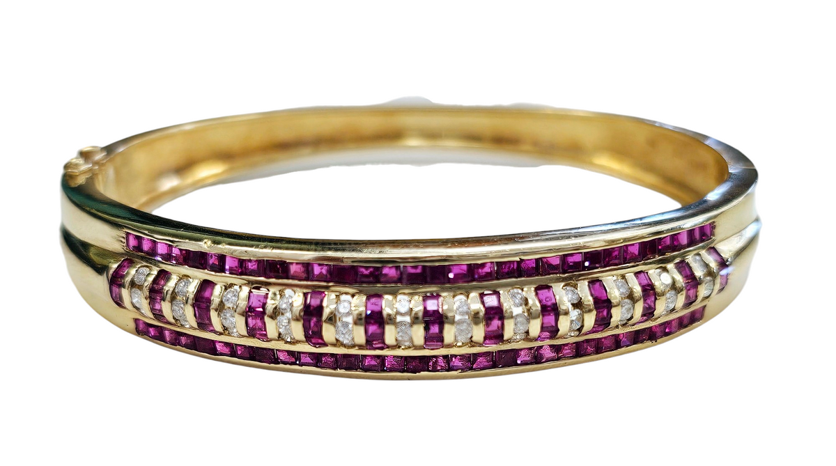 Ruby and Diamond Channel Set Bangle Bracelet Cuff made in 14-Karat Yellow Gold