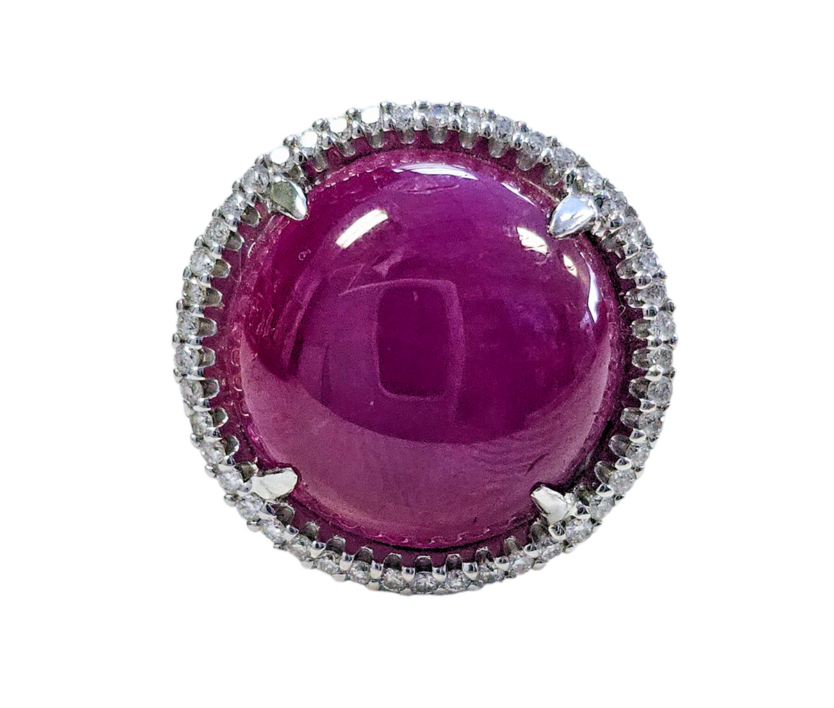 Cabochon Star Ruby with Diamond Halo Ring made in 18-Karat White Gold